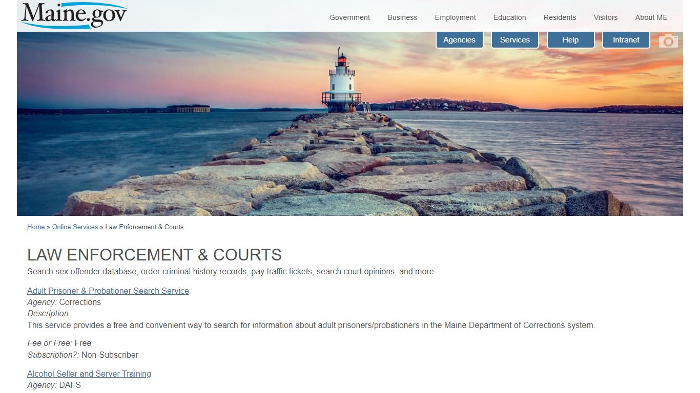 Maine.gov: Online Services: By Category: Law Enforcement & Courts